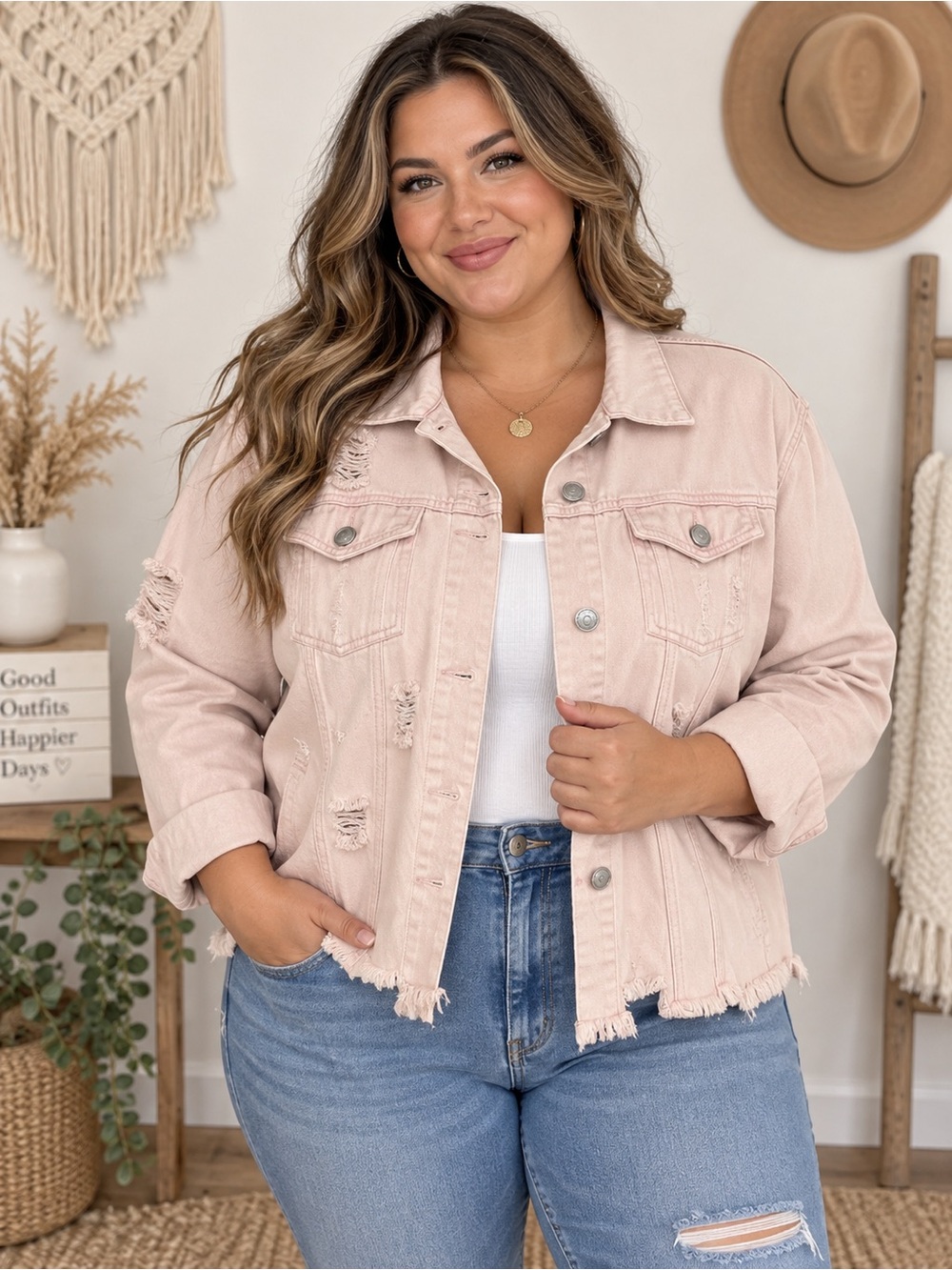 138 POL NEW 2X Pink Distressed Denim Jacket - Women's Button-Front Jean Jacket